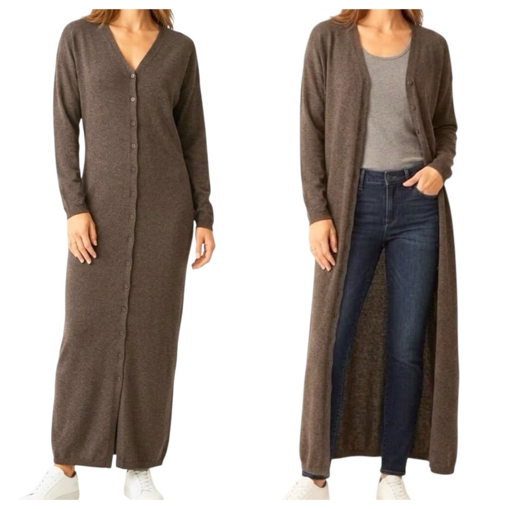 90s EILEEN FISHER Brown Long Duster Cardigan Sweater Dress sz S/M 100% Cotton